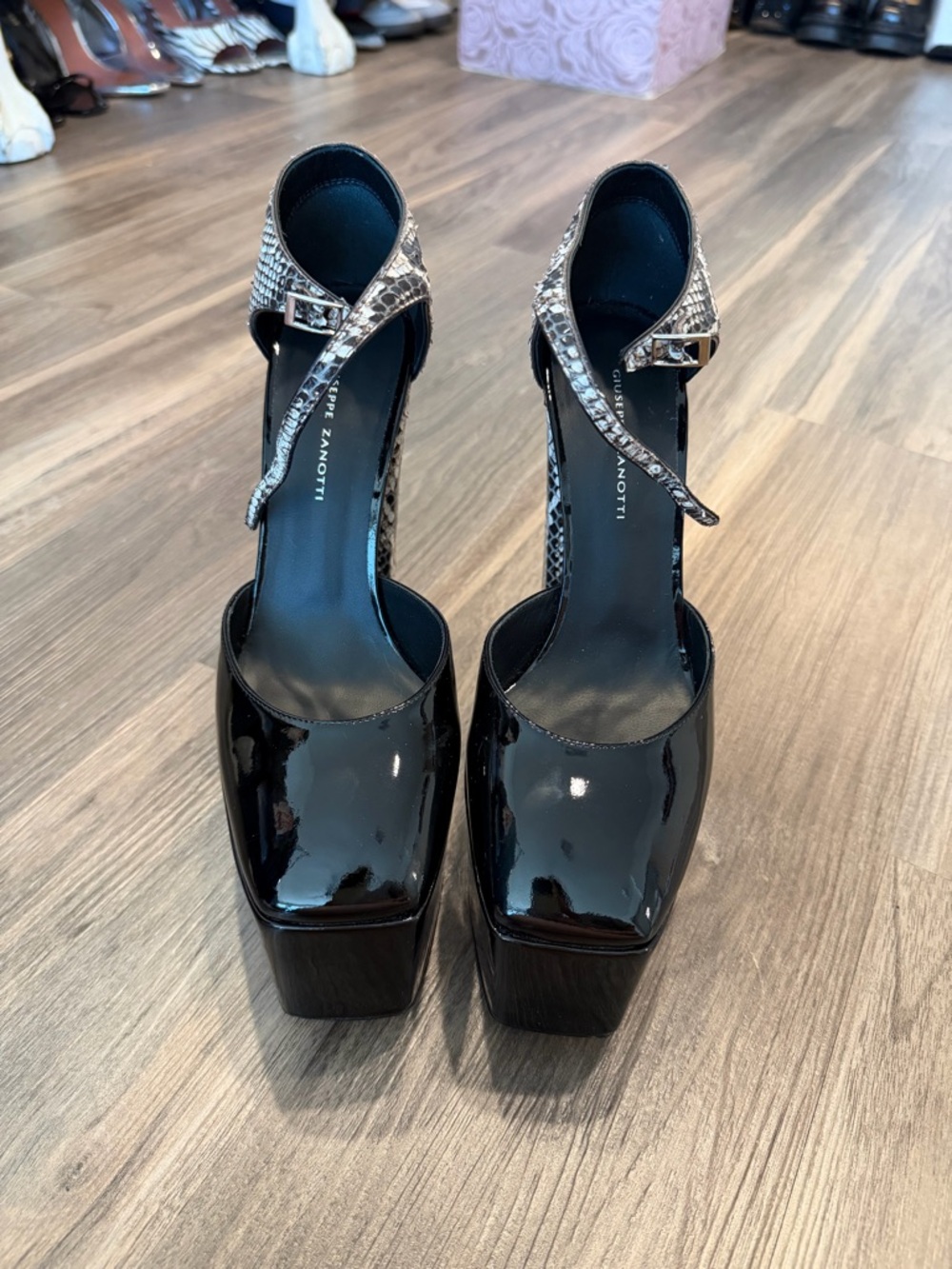 Giuseppe Zanotti Black Patent Platform Sandals with Snakeskin Ankle Straps